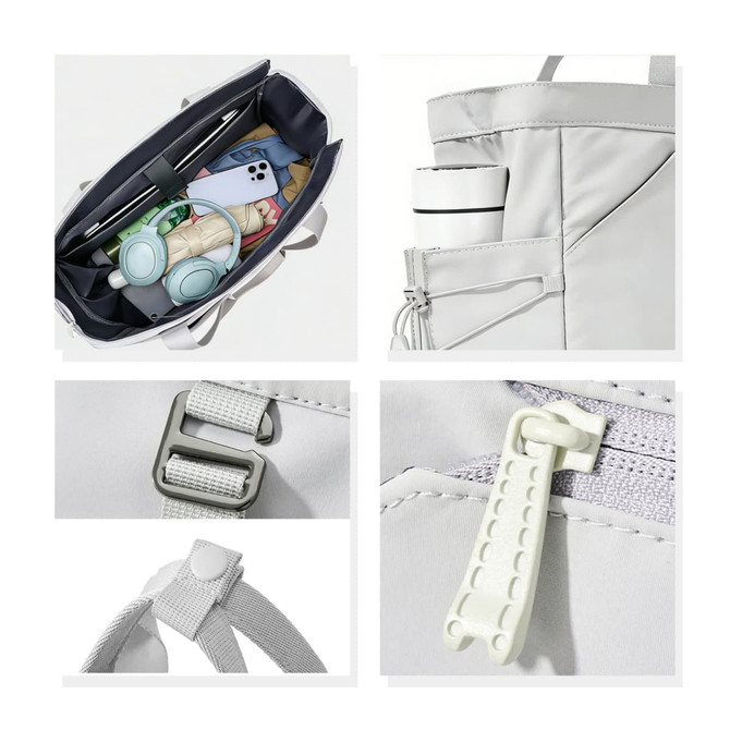A lightweight grey tennis tote bag with compartments for a drink bottle, phone, headphones, and other items.