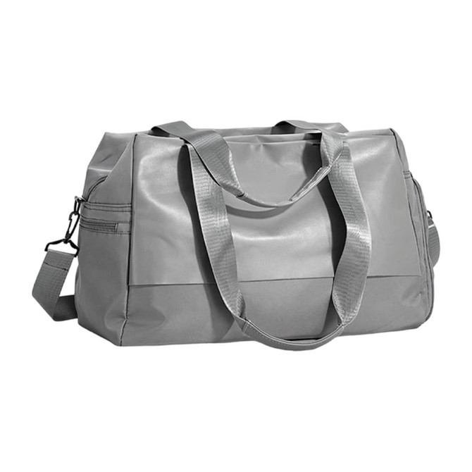 A grey carry-on duffle bag with dual handles and a detachable shoulder strap. It features a zippered compartment.