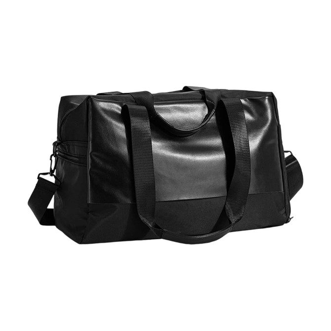 A black duffle bag with dual handles and a shoulder strap, featuring a logo on one side.
