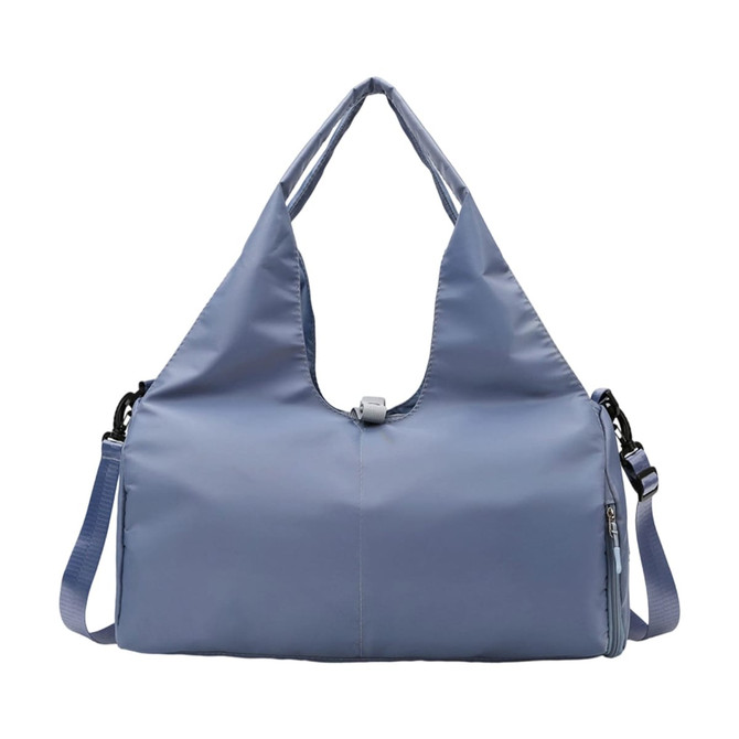 A blue duffle bag with a yoga mat strap, featuring two carrying handles and a detachable shoulder strap.