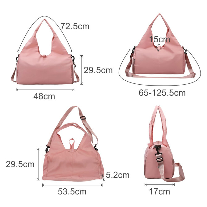 A pink duffle bag with a yoga mat strap, featuring adjustable shoulder straps and various dimensions. It has a logo.