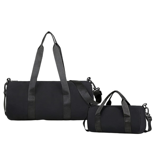 A black bucket duffle bag with wide straps, featuring a larger bag and a smaller bag beside it. Both have a logo.