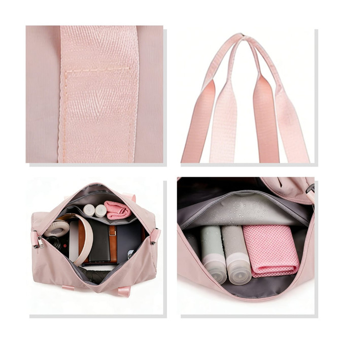 A pink bucket duffle bag featuring wide straps and multiple compartments, with various items neatly arranged inside.