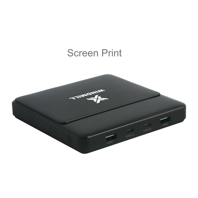 A black 20000mAh power bank with multiple ports and a logo, designed for charging laptops and devices.