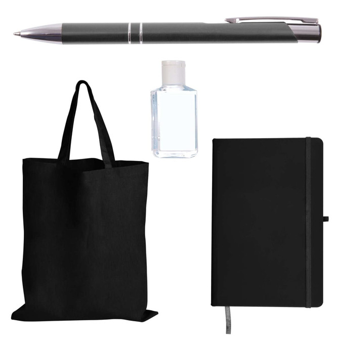 A black tote bag, a black notebook, a clear hand sanitizer bottle, and a silver pen. All items are part of a tradeshow pack.