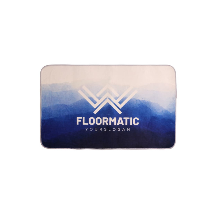 A flannel logo mat featuring a gradient of blue tones with a logo prominently displayed in the centre.