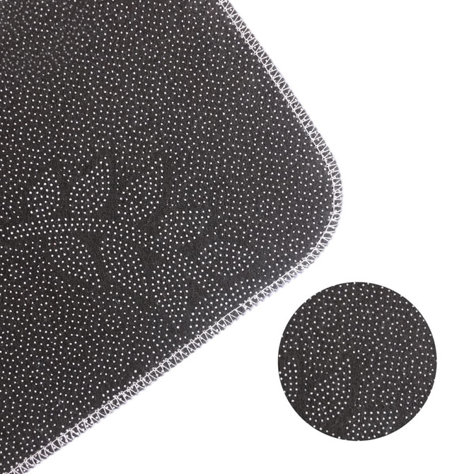 A flannel logo mat in black, featuring a textured design and a close-up of the patterned fabric.