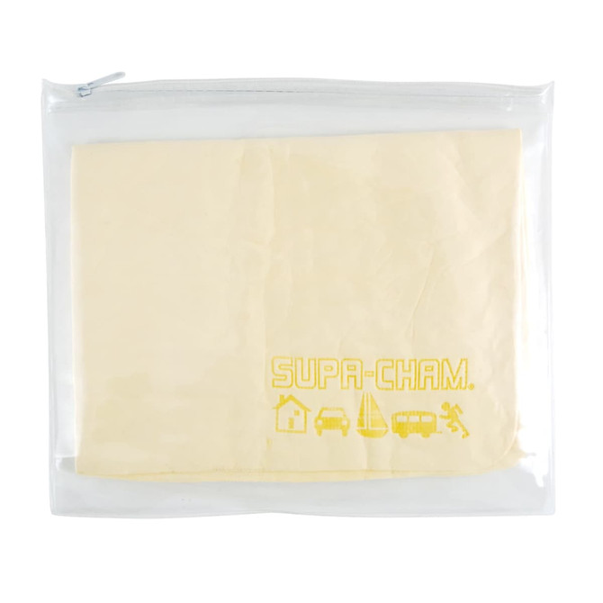 A clear pouch containing a yellow chamois cloth, labeled "SUPA-CHAM," with various icon designs.