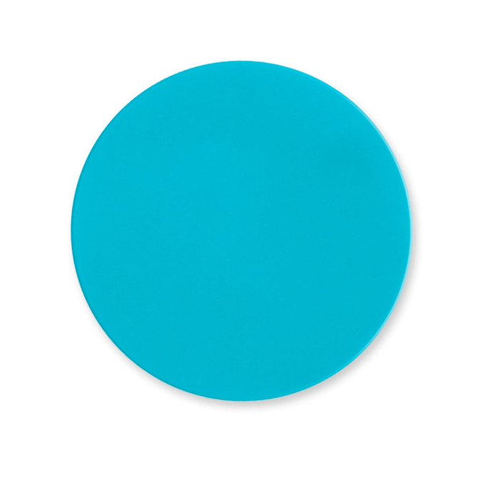 A round silicone jar opener in a vibrant turquoise colour, featuring a smooth surface and no visible branding.