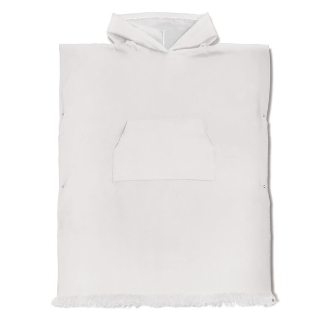 A hooded towel in white with a front pocket and fringe detailing, featuring a logo.