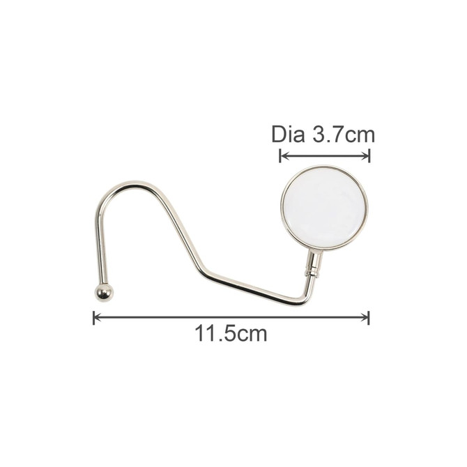 A round curved desk hook in silver, measuring 11.5 cm in length with a diameter of 3.7 cm.