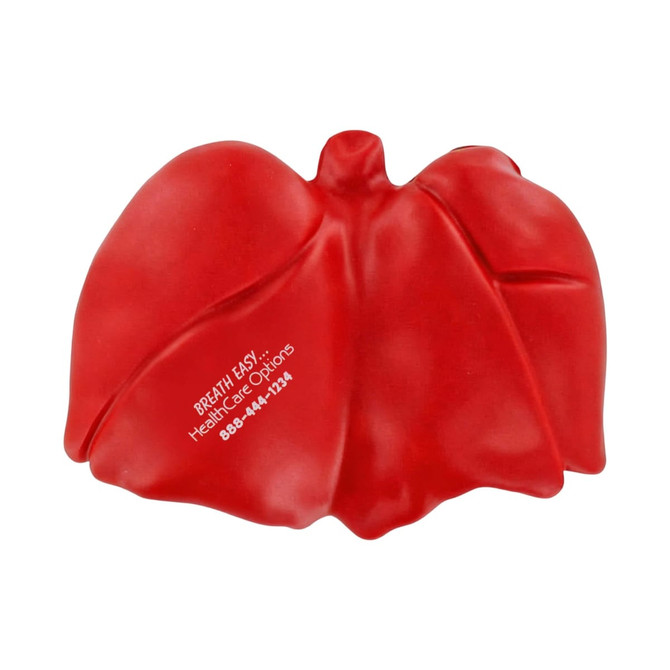 A red lung-shaped stress reliever with a smooth surface and a logo on one side.