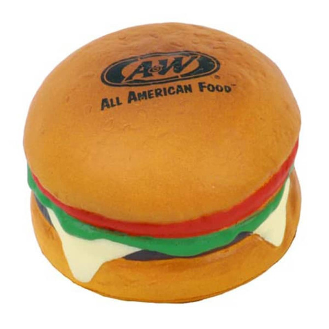 A hamburger-shaped stress reliever in brown, green, red, and white, featuring a logo on the top.