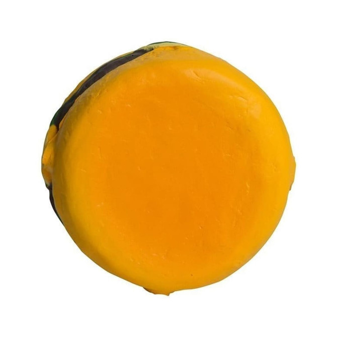 A bright yellow hamburger-shaped stress reliever with a smooth surface, featuring a round top.