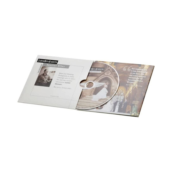 A DVD duplication product displayed in a sleek case, featuring a CD and various printed images in a light colour scheme.