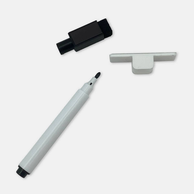 A magnetic whiteboard marker in white, with a black eraser and a white cap, set against a plain background.