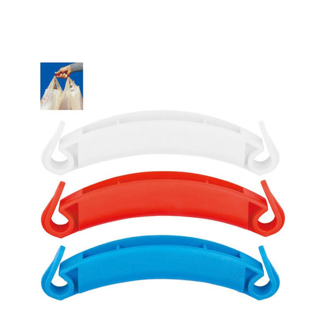 A set of three plastic Handy Handles in white, red, and blue, designed for easier carrying of bags.