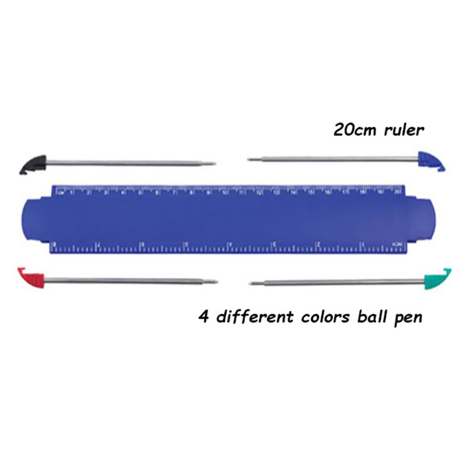 A blue 20cm ruler with four ball pens in red, green, black, and blue. The image includes a logo.