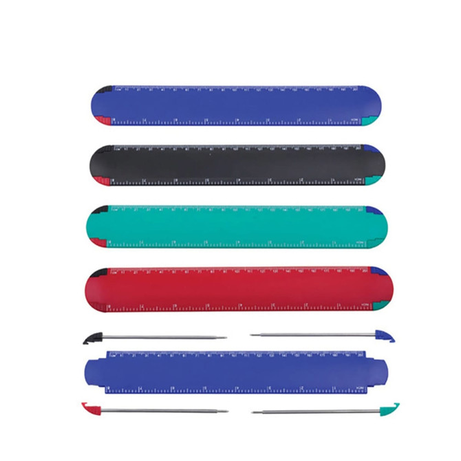 A set of rulers in blue, black, green, and red, accompanied by four ballpoint pens. The rulers have markings and a logo.