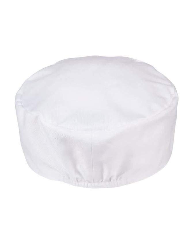 A white chef's cap with a round, gathered design. Features a logo on the side.