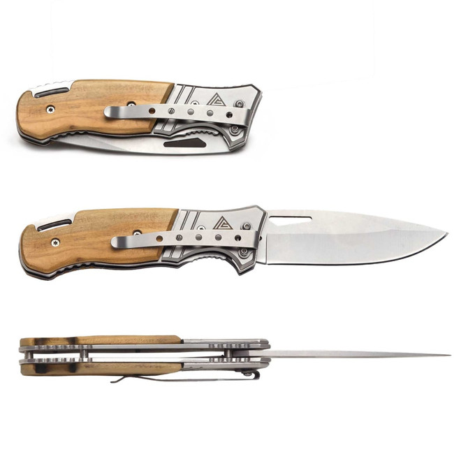 A blade-style pocket knife with a silver blade and a wooden handle, featuring a sleek metallic design and a logo.
