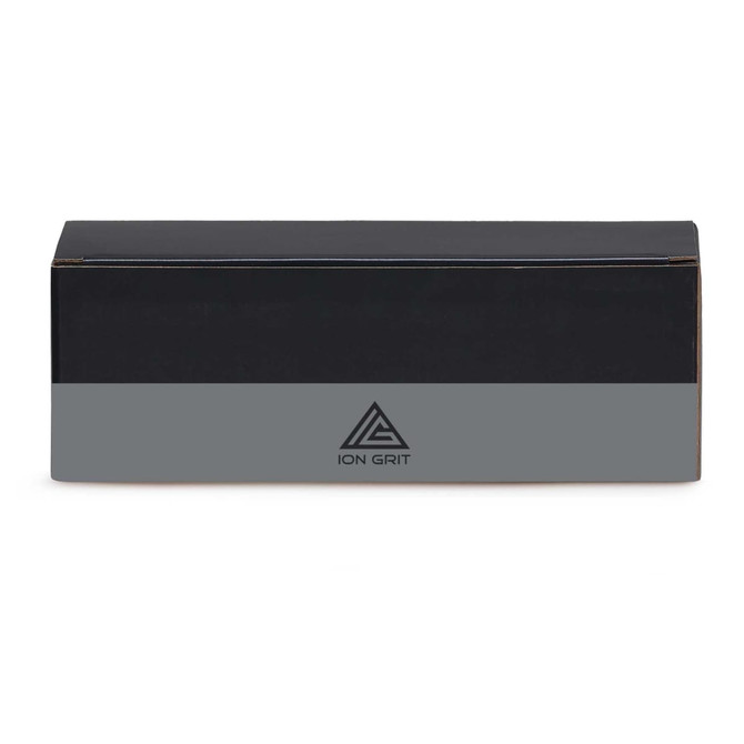 A black rectangular box with a grey band, featuring a logo on the front.