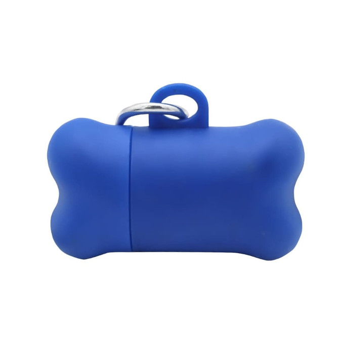 A blue dog waste bag dispenser in a bone shape with a metal clip attachment. It features a simple design.