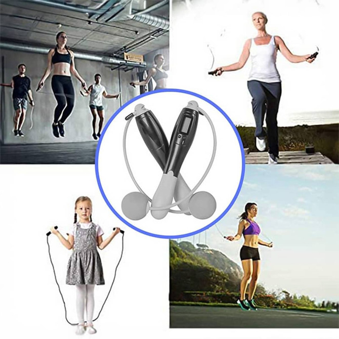 A skipping rope with a black and white design, surrounded by images of people using skipping ropes in various settings.