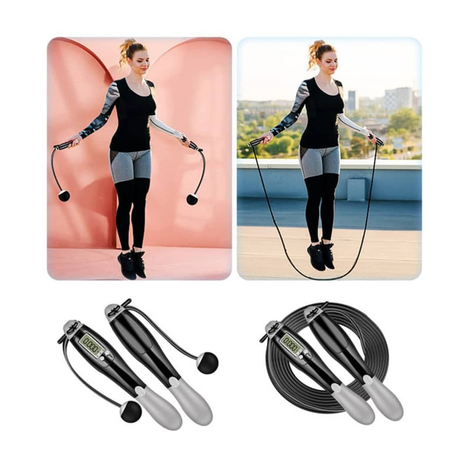A digital skipping rope set in black and silver, accompanied by images of a woman using it against vibrant backgrounds.