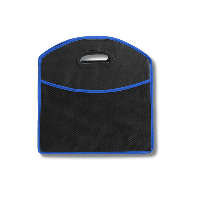 A black expandable boot organizer with a blue trim and a handle, featuring a front mesh pocket.