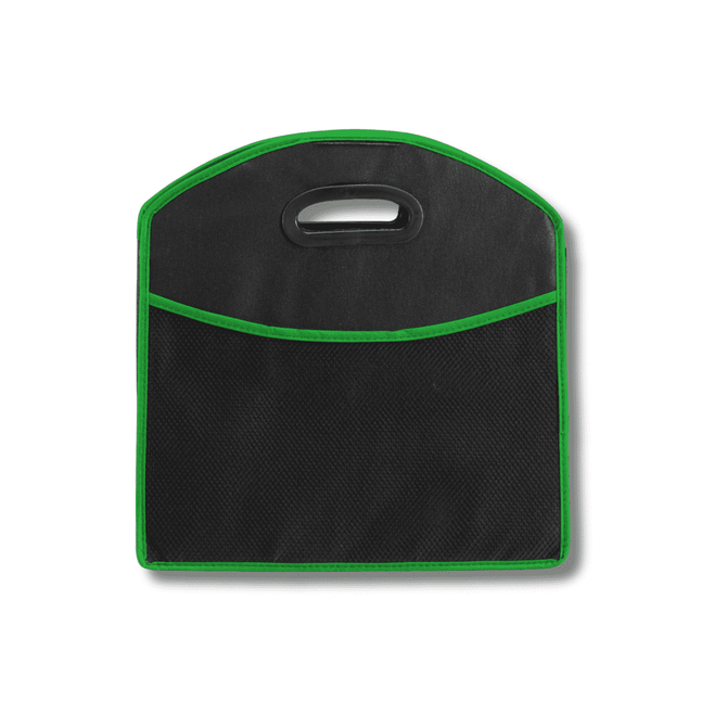A black expandable boot organizer with green accents and a handle, featuring a mesh pocket on the front.