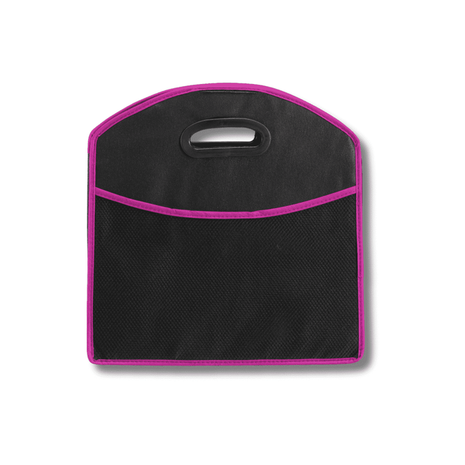 A black expandable boot organiser with a pink trim and a handle, featuring a mesh pocket.