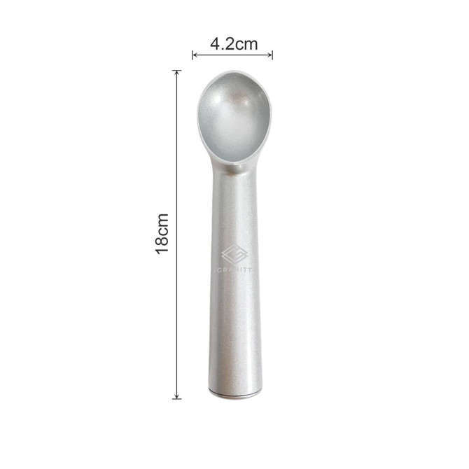 A silver ice cream scoop with a rounded head and a handle. Features a logo on the handle. Dimensions provided.