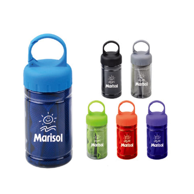 A drink bottle in various colours, featuring a mesh compartment for a towel and a brand logo.
