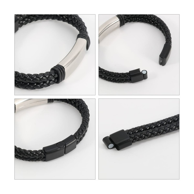 A double-row braided leather bracelet in black featuring a sleek metal clasp and a smooth finish.