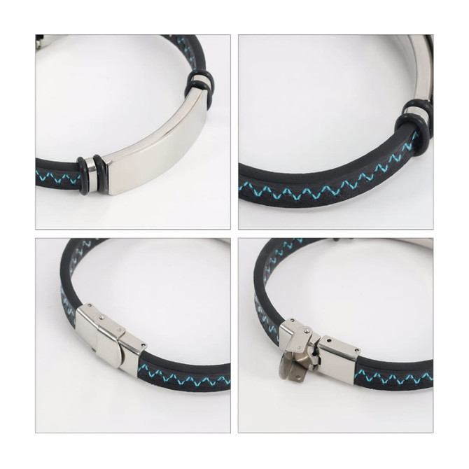 A black leather bracelet featuring blue stitching and a shiny silver clasp. It includes a branding logo on the clasp.