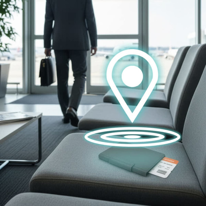 A teal passport holder sits on a grey sofa in an airport lounge, with a logo and a tracking symbol above it.