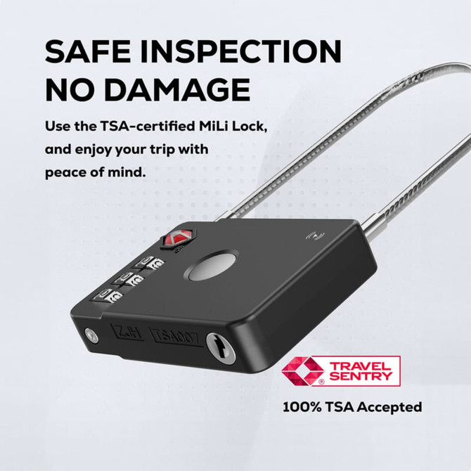 A black luggage lock with a braided cable and a logo, featuring buttons for setting a combination.