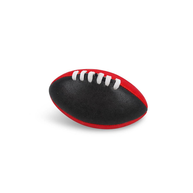 A Mini Aussie Rules ball in black and red with white stitching, featuring a logo on its surface.