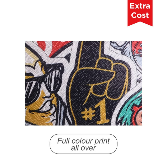 A close-up of a fabric featuring vibrant full-colour print designs with various graphics and patterns.