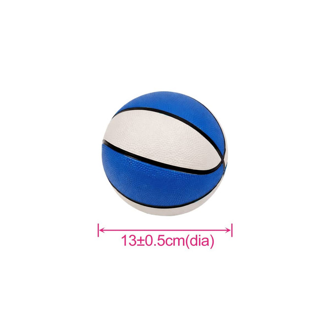 A mini basketball featuring blue and white colours with textured surface and a black stripe.