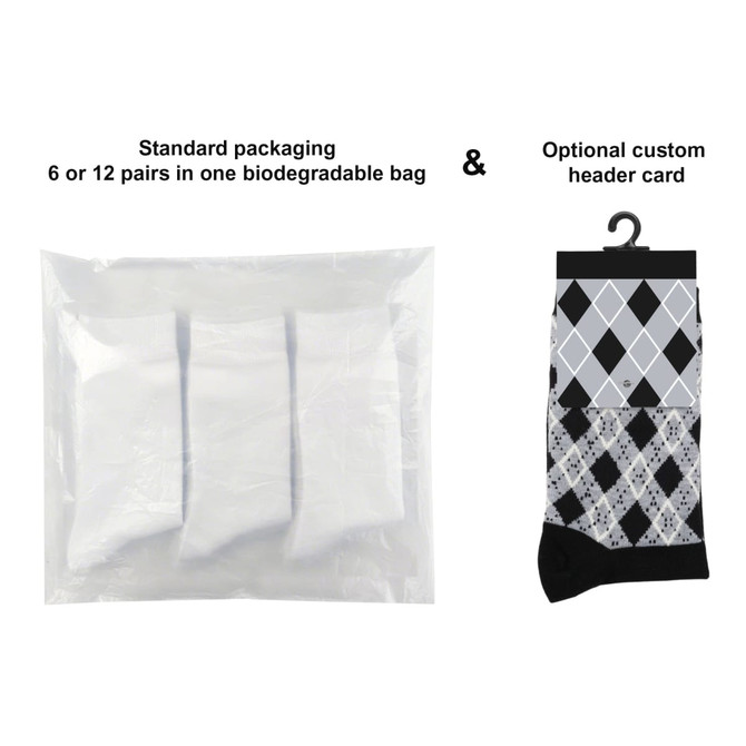 A package of custom pattern woven bamboo socks with a black and grey argyle design, featuring biodegradable packaging.