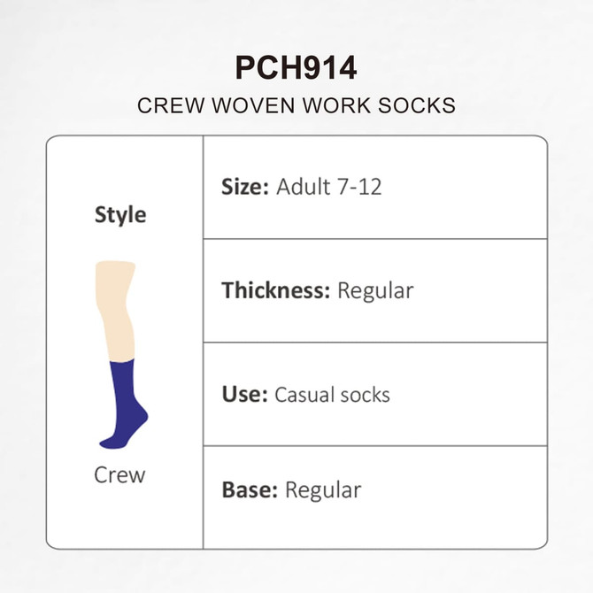 A pair of purple crew woven work socks displayed with size and thickness details. Features a branding logo.