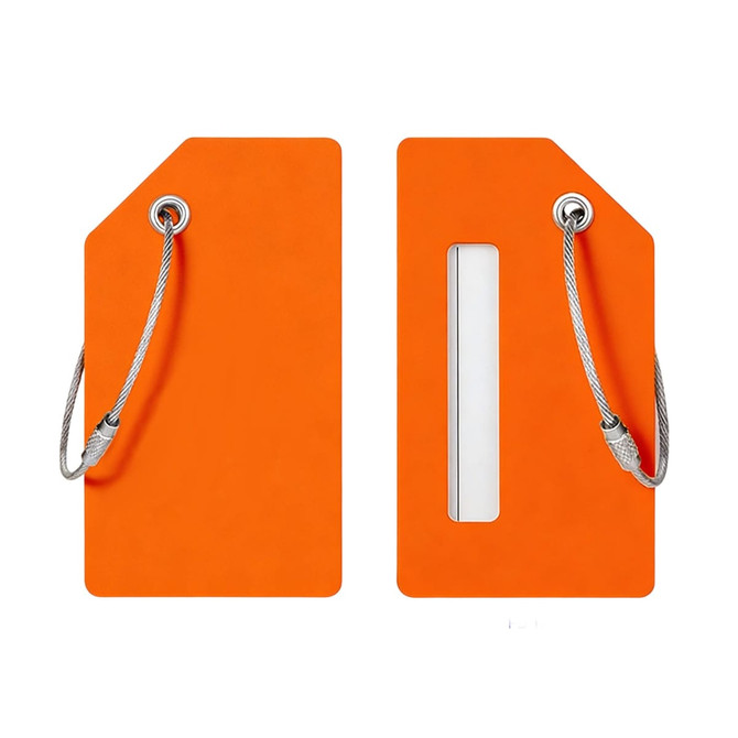 An orange silicone luggage tag featuring a slot for identification and metal attachment loops.