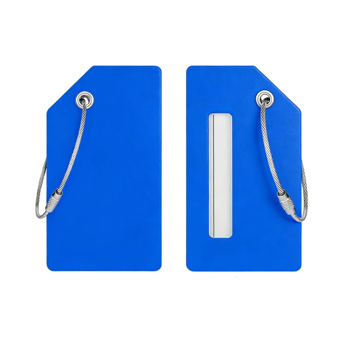 A blue soft silicone luggage tag with metal loops for attachment and a transparent window for information.