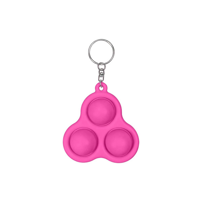 A pink keychain featuring three pop bubbles in a triangular design. It includes a metal keyring attachment.
