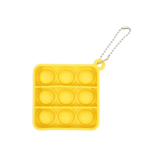 A yellow square fidget keychain with eight poppable bubbles, attached to a ball chain.