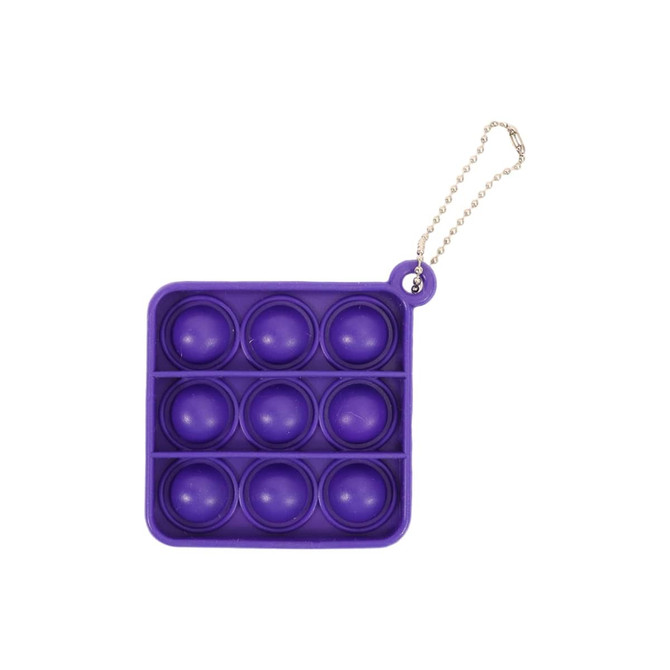 A purple Square Fidget Keychain with a textured surface of ten popping bubbles, attached to a silver bead chain.