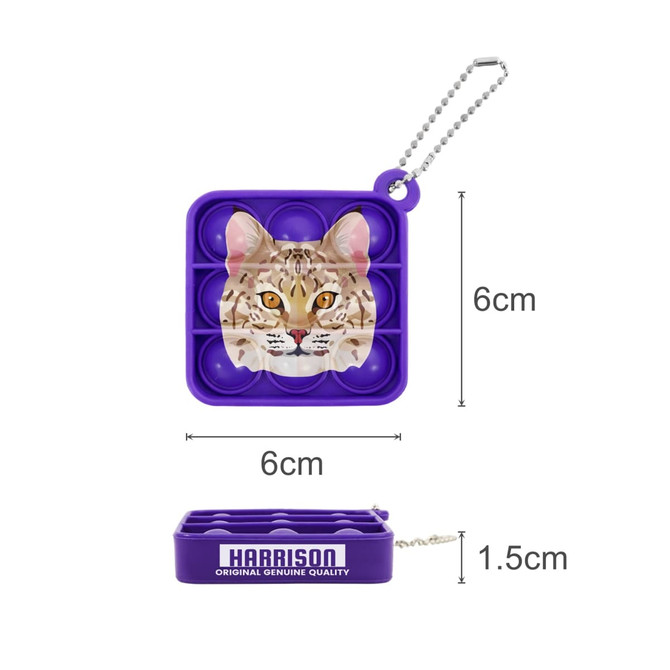 A purple square fidget keychain featuring a cat design, with a chain attachment and dimensions of 6cm by 6cm.