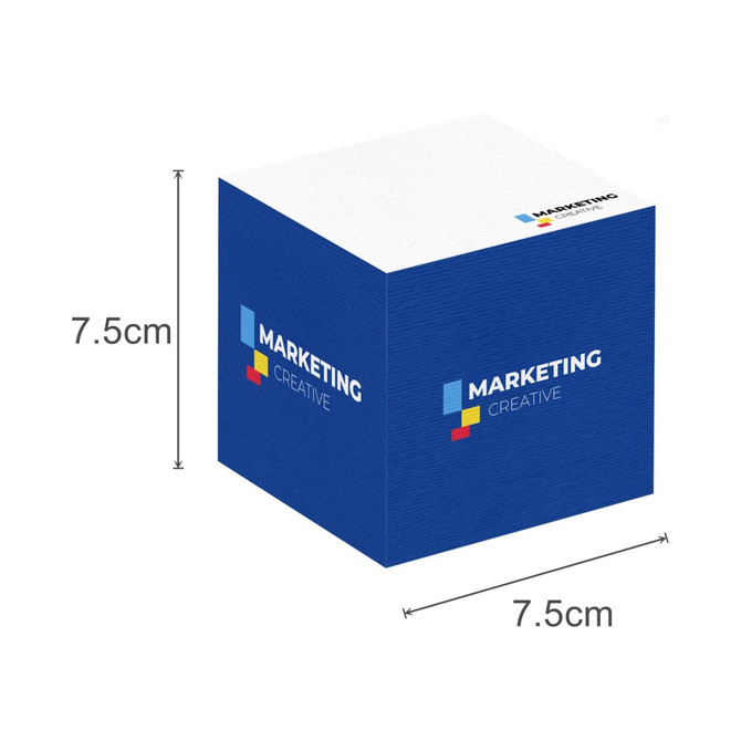 A blue cube notepad with a textured surface and a logo, measuring 7.5 cm on each side.